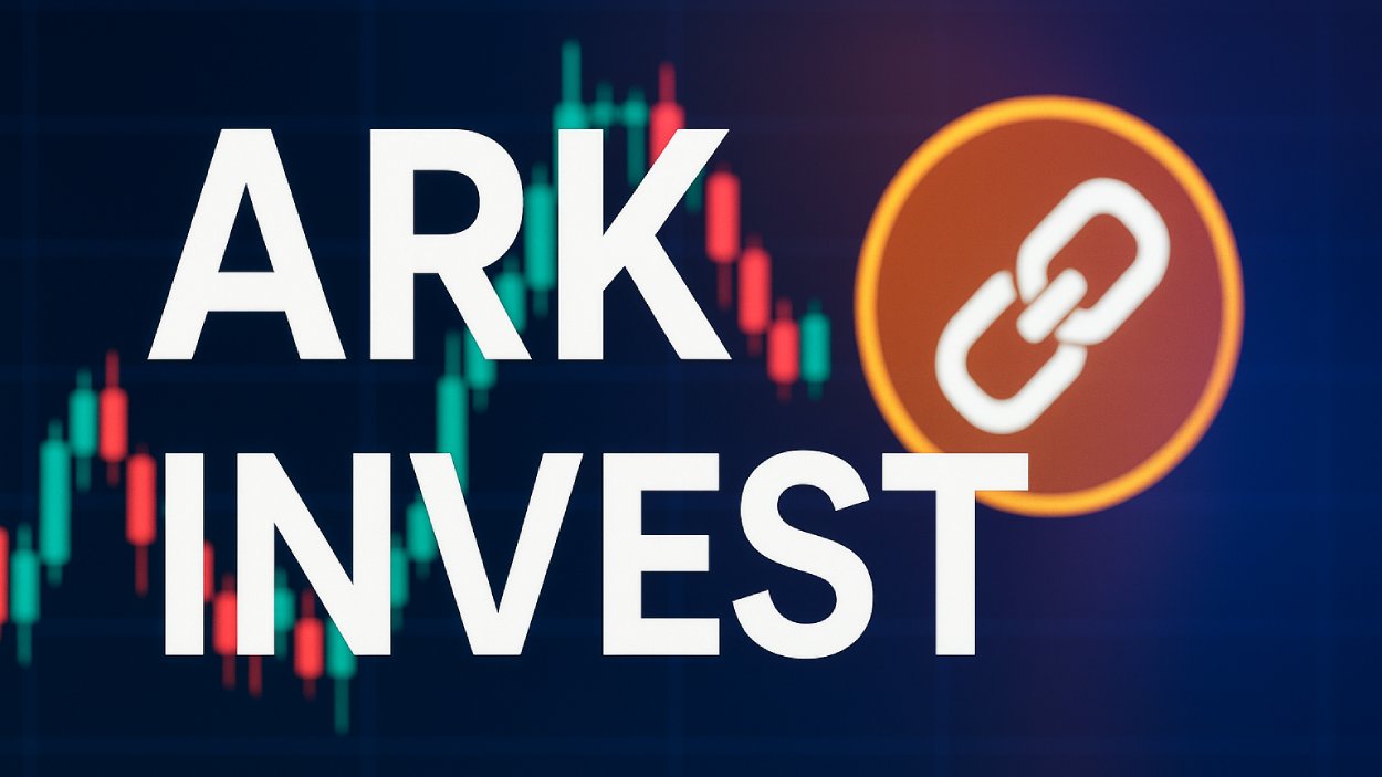 ARK Invest logo over stock market chart with blockchain icon, highlighting cryptocurrency investment and innovative blockchain technology.