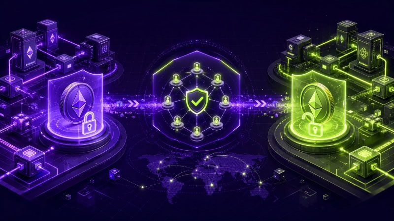 Blockchain transfer bridge in neon glow