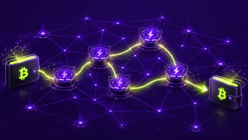 Futuristic Bitcoin transaction network illustration