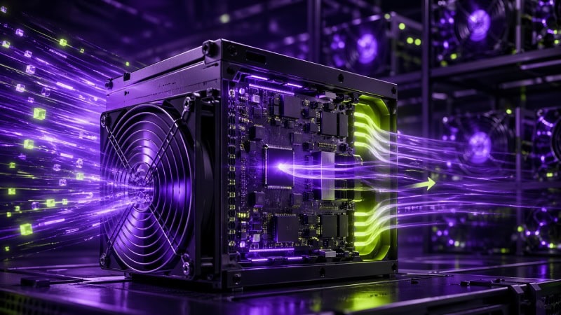 Futuristic neon-lit cryptocurrency mining farm